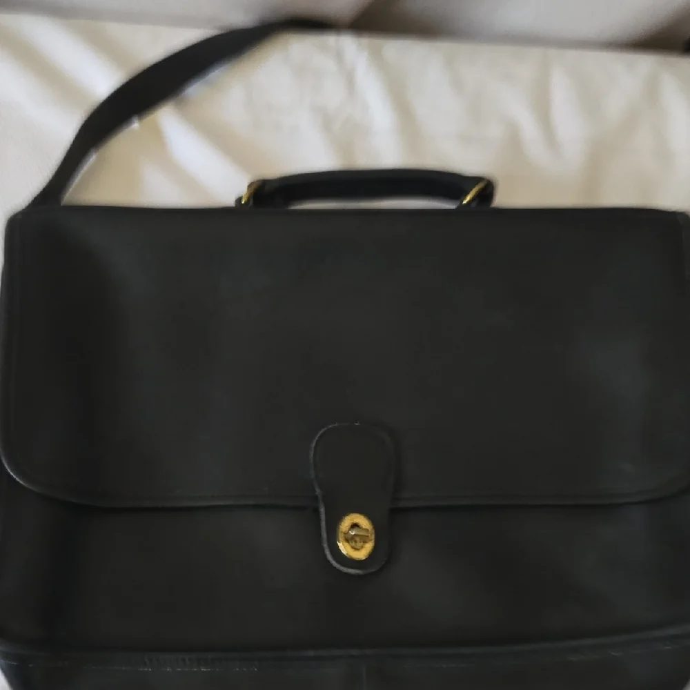 Black Leather Briefcase with Gold Clasp and Top Handle